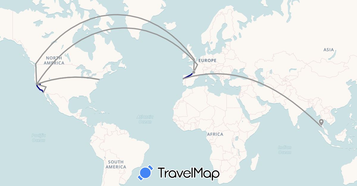 TravelMap itinerary: driving, plane, cycling in Spain, France, Portugal, Thailand, United States (Asia, Europe, North America)